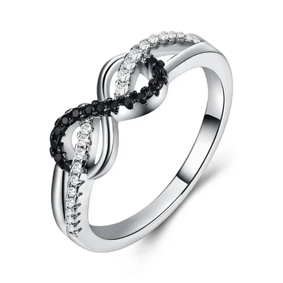 🍁 925 Silver Plated Exquisite Eternity Black White CZ Ring, GPMB1463-7 - Picture 1 of 7